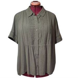 LG Style & Co. Olive Button-Down Shirt Boho 100% Rayon Top